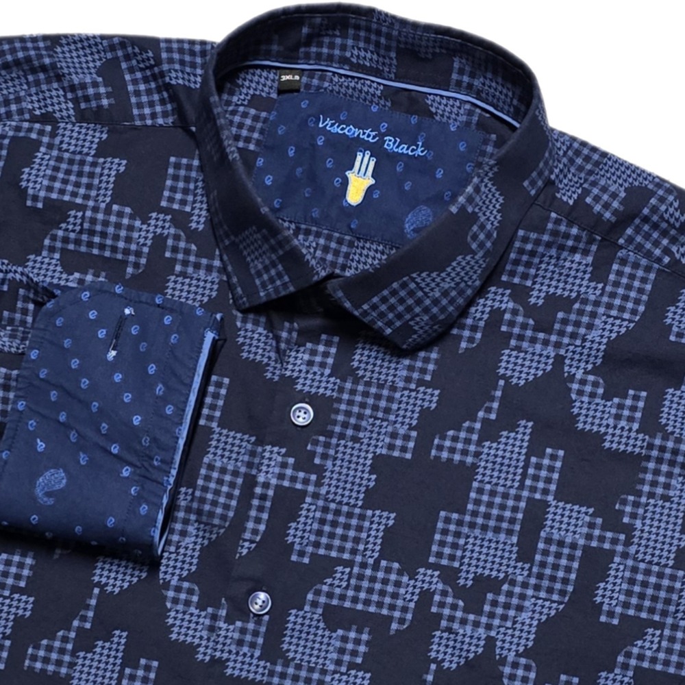 Visconti Black Shirt Men 3XLB Big Geometric Houndstooth Blue Flip Cuff